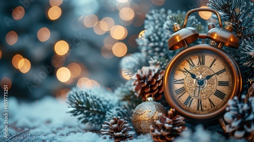 Vintage Alarm Clock Under a Snowy Christmas Tree