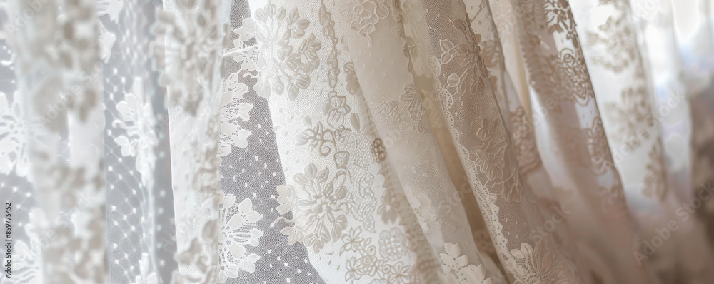 Obraz premium White Lace Curtains: Delicate white lace curtains with intricate patterns, creating a vintage and romantic atmosphere.
