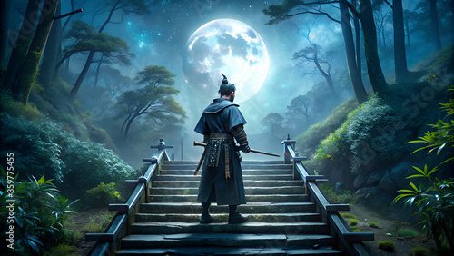 A samurai standing on stairway in night forest with the moon on background. japanese samurai. Generative ai © Alon