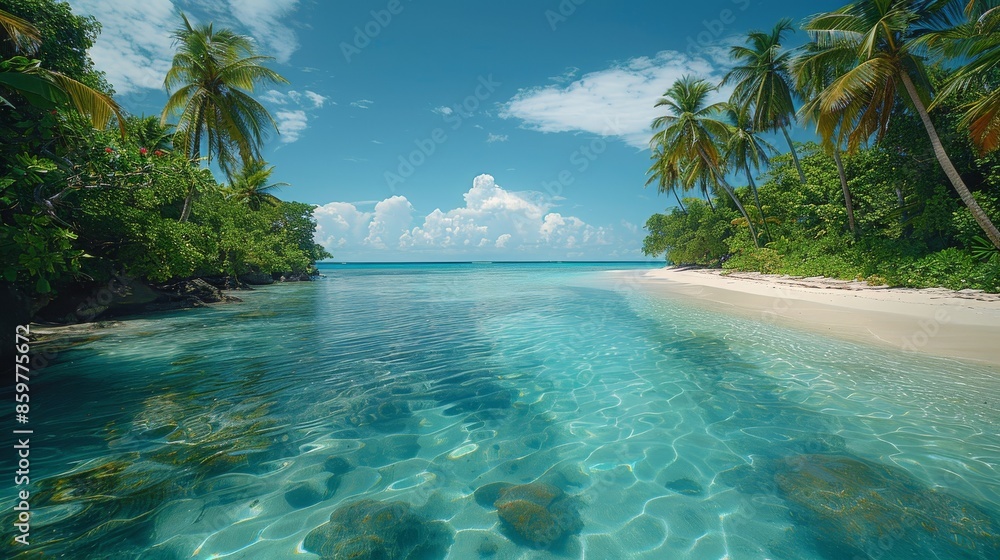 Fototapeta premium A view of a tropical seaside from the clear blue water. 