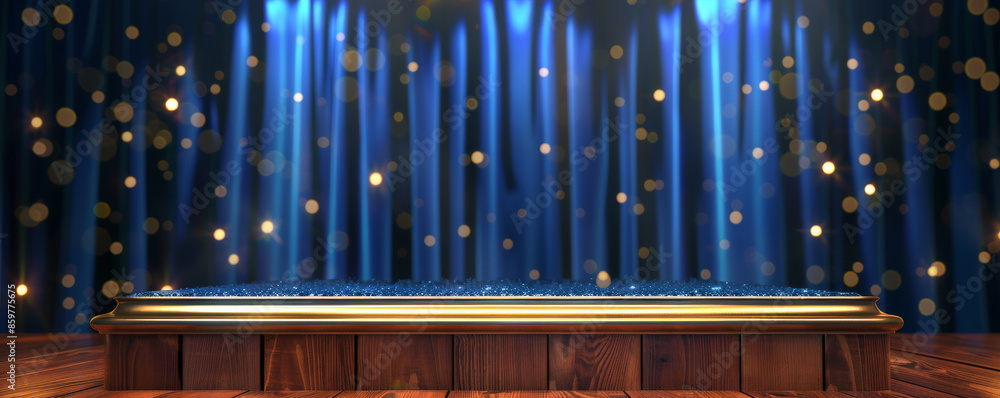 Obraz premium Winner award podium background featuring a polished wood podium with silver trim, set against a deep blue curtain backdrop with sparkling lights, creating a sophisticated and classic look