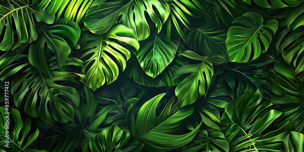 Rainforest Leaves: Close-Up Texture of Exotic Rainforest Foliage, Featuring Rich Greenery and Diverse Leaf Shapes Rainforest Leaves: Close-Up Texture of Exotic Rainforest Foliage, Featuring Rich Greenery and Diverse Leaf Shapes