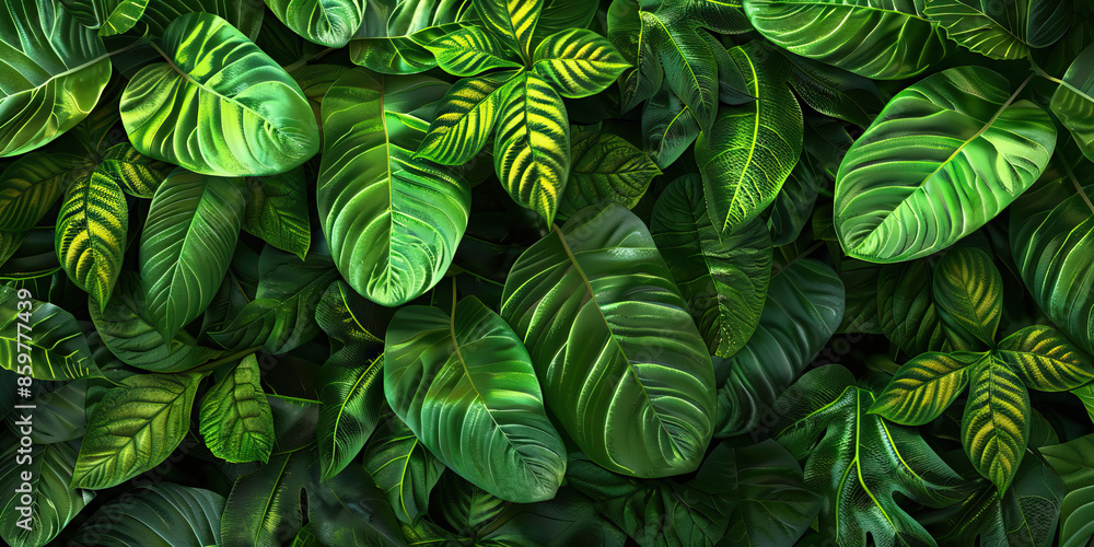 Rainforest Leaves: Close-Up Texture of Exotic Rainforest Foliage, Featuring Rich Greenery and Diverse Leaf Shapes Rainforest Leaves: Close-Up Texture of Exotic Rainforest Foliage, Featuring Rich Greenery and Diverse Leaf Shapes