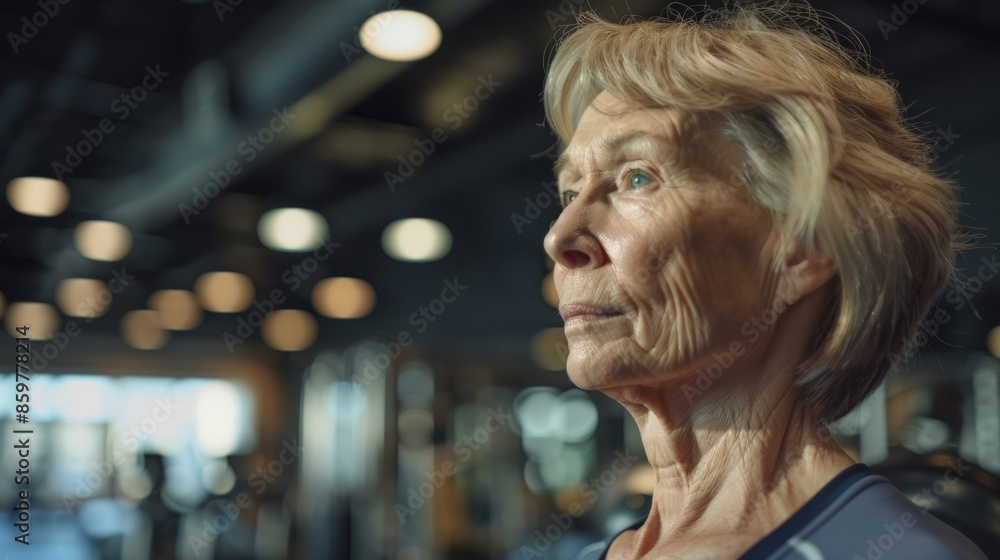 Elderly woman happily exercising in the fitness Elderly woman happily exercising in the fitness