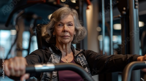 Elderly woman happily exercising in the fitness