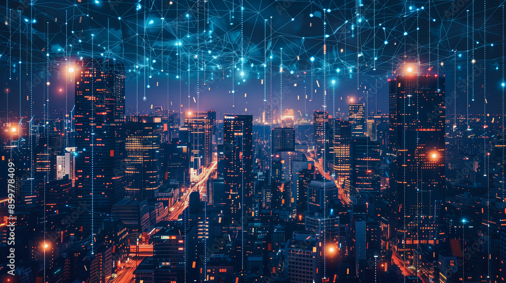 A futuristic cityscape under a network of digital connections and data streams, portraying an advanced urban environment bathed in neon lights. A futuristic cityscape under a network of digital connections and data streams, portraying an advanced urban environment bathed in neon lights.