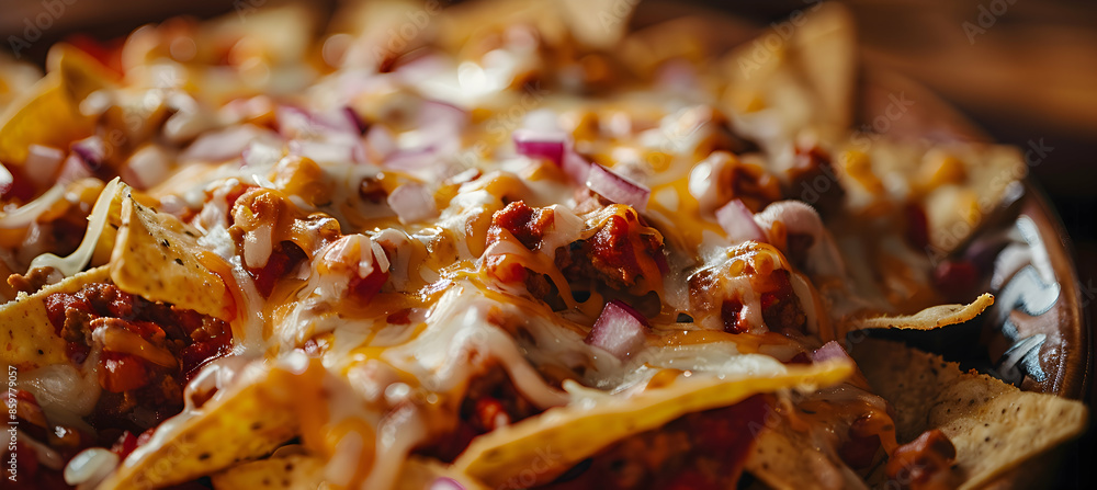 Close-up of fast food nachos showcasing detailed textures of the crispy chips and melted cheese Close-up of fast food nachos showcasing detailed textures of the crispy chips and melted cheese