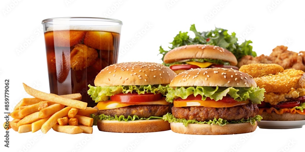 A close-up shot of a classic fast-food combo featuring juicy burgers, crispy fries, and a refreshing soda. A close-up shot of a classic fast-food combo featuring juicy burgers, crispy fries, and a refreshing soda.