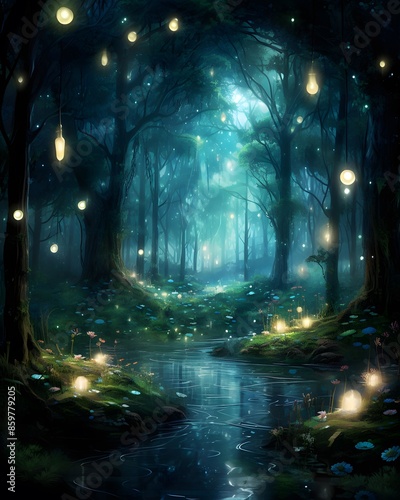 Fantasy night forest with a stream and glowing lights in the dark
