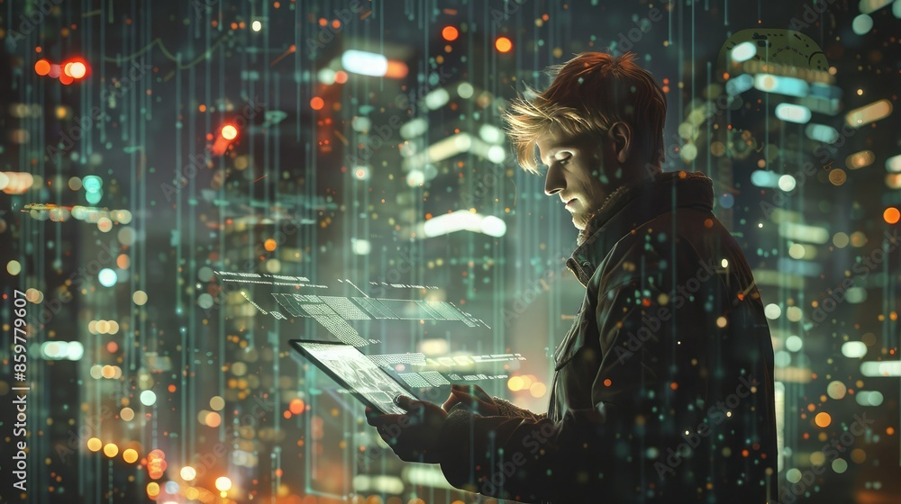 Man using futuristic tablet with cyber data overlay, in a cityscape background, illustrating concept of technology and innovation. Man using futuristic tablet with cyber data overlay, in a cityscape background, illustrating concept of technology and innovation.