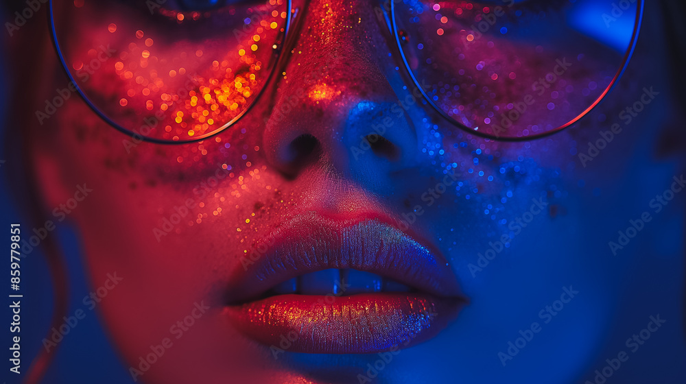 A woman with red and blue eyes and a red lip is wearing glasses A woman with red and blue eyes and a red lip is wearing glasses