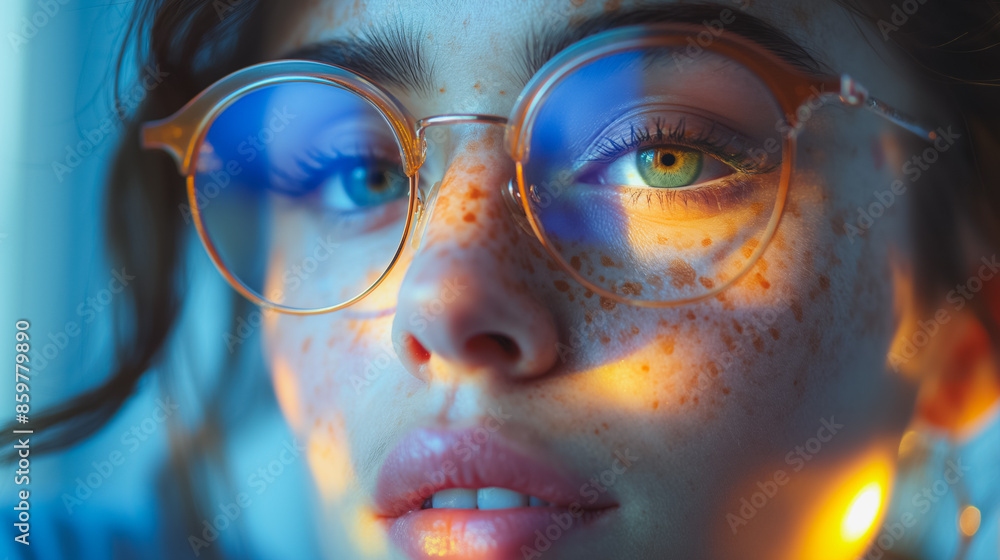 A woman with blue eyes and a blue frame on her glasses. The woman has a smile on her face A woman with blue eyes and a blue frame on her glasses. The woman has a smile on her face