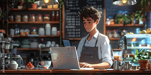 A cafe manager reviews finances on a laptop