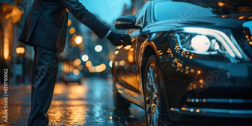 A chauffeur opens the car door for a passenger
