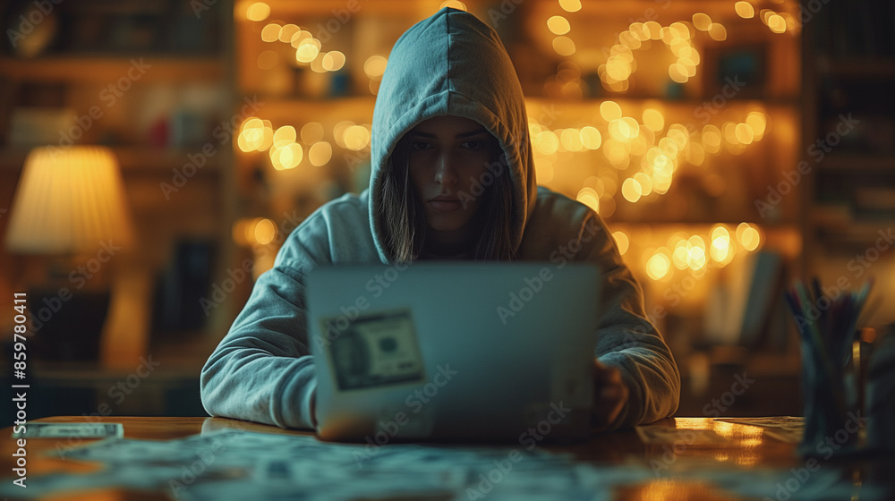 A woman is sitting at a table with a laptop in front of her. She is wearing a hoodie and she is focused on her computer. The room is dimly lit, creating a cozy and intimate atmosphere A woman is sitting at a table with a laptop in front of her. She is wearing a hoodie and she is focused on her computer. The room is dimly lit, creating a cozy and intimate atmosphere