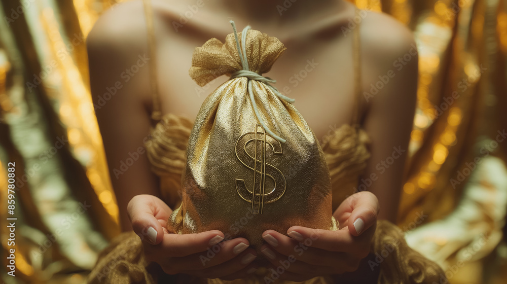 Fototapeta premium Two hands holding a burlap bag of money with a prominent dollar sign, tied securely with a string, set against a shimmering gold background to emphasize the concept of wealth.