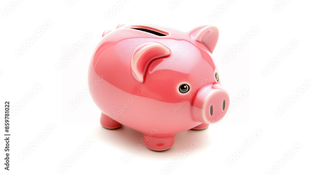 A shiny, pink ceramic piggy bank, isolated against a white background, reflecting light and showcasing a playful design.