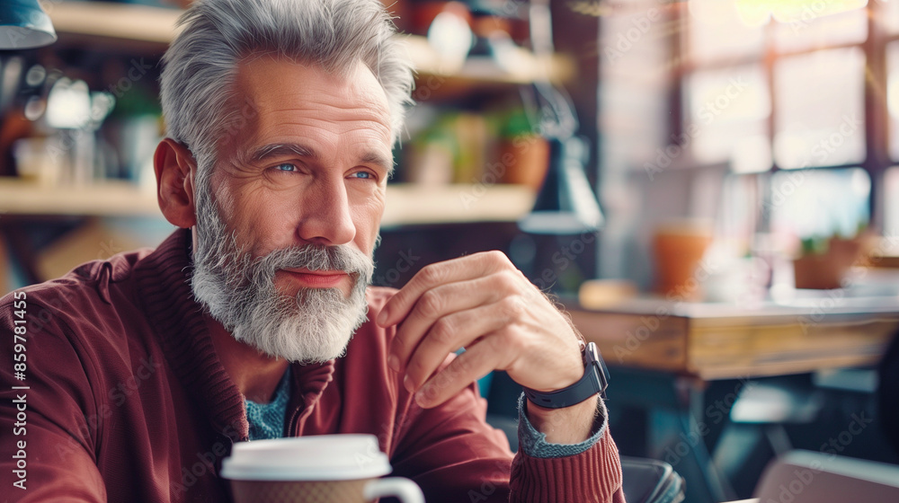 An older man with a distinguished gray beard and thoughtful expression pauses with a coffee cup in a cozy café setting, embodying a moment of reflection. An older man with a distinguished gray beard and thoughtful expression pauses with a coffee cup in a cozy café setting, embodying a moment of reflection.