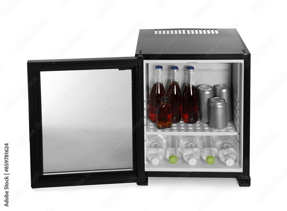 Mini refrigerator with drinks isolated on white Mini refrigerator with drinks isolated on white