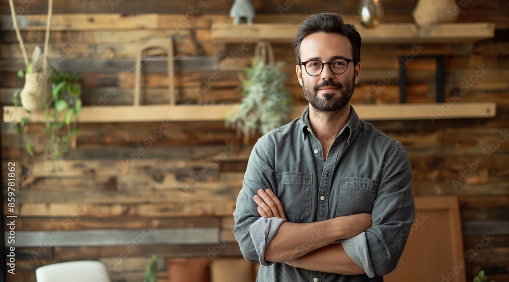 confident entrepreneur with arms crossed standing by wooden wall in office. confident entrepreneur with arms crossed standing by wooden wall in office.