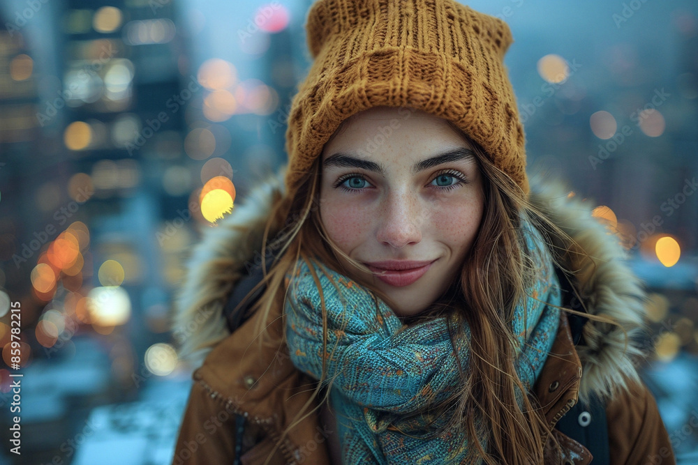 Young latina smiling, on the rooftop of a skyscraper in the winter cold. Young latina smiling, on the rooftop of a skyscraper in the winter cold.