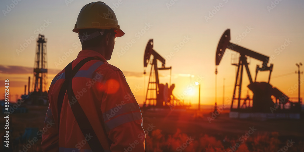 A worker in a hard hat and reflective vest observes oil pump jacks at an oil drilling site during sunset. A worker in a hard hat and reflective vest observes oil pump jacks at an oil drilling site during sunset.
