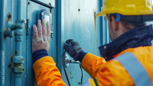 Constructor worker hand holding gas test leak detector device while commencing safety gas testing atmosphere at main entry and exit