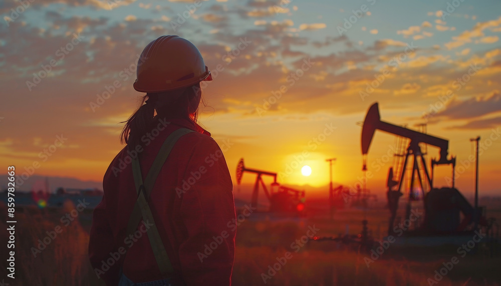 Fototapeta premium A worker in protective gear stands in a field, watching oil pumps operate as the sun sets, casting an orange glow over the scene.