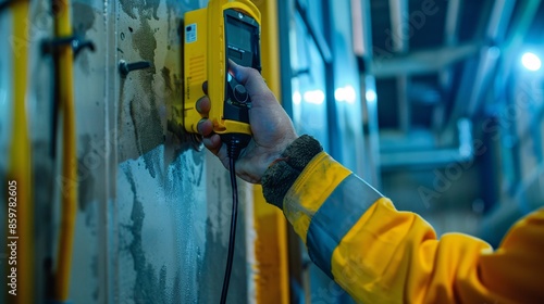 Constructor worker hand holding gas test leak detector device while commencing safety gas testing atmosphere at main entry and exit