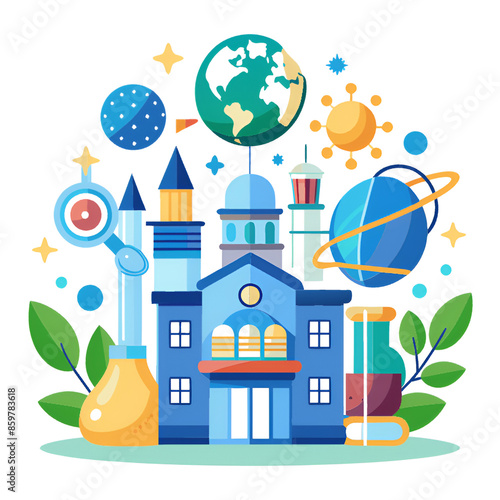 An illustration featuring a school setting with science equipment