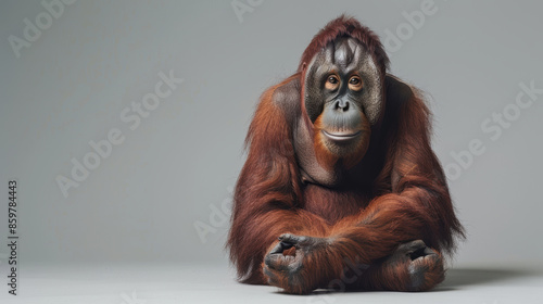 An orangutan sits alone in a simple, grey setting, its thoughtful eyes capturing the quiet solitude of the moment.