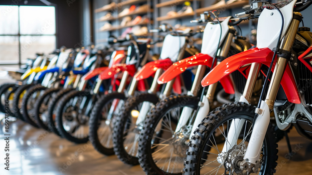 Motorcycle showroom with multiple dirt bikes Motorcycle showroom with multiple dirt bikes