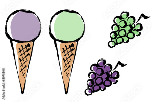 筆タッチのブドウフレーバーのアイスクリームのイラストセット