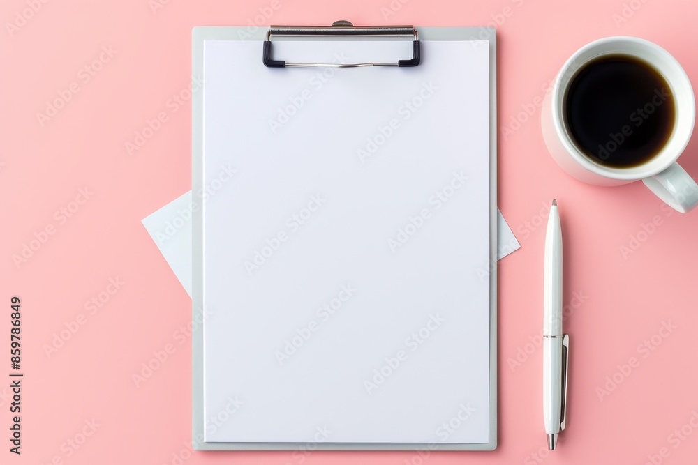 Minimalist Office Desk with Clipboard and Coffee on Pink Background. Generative AI. Minimalist Office Desk with Clipboard and Coffee on Pink Background. Generative AI.