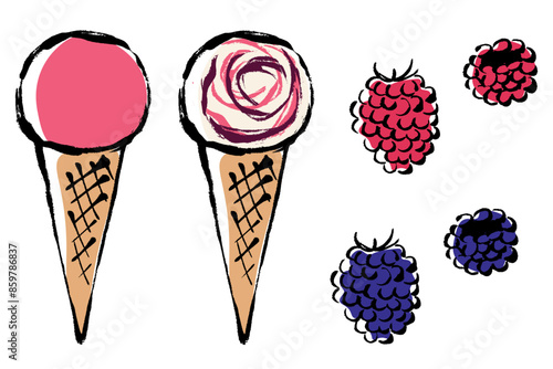 筆タッチのラズベリーフレーバーのアイスクリームのイラストセット