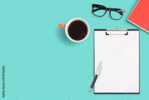 Workspace Essentials with Coffee and Clipboard on Aqua Background. Generative AI.