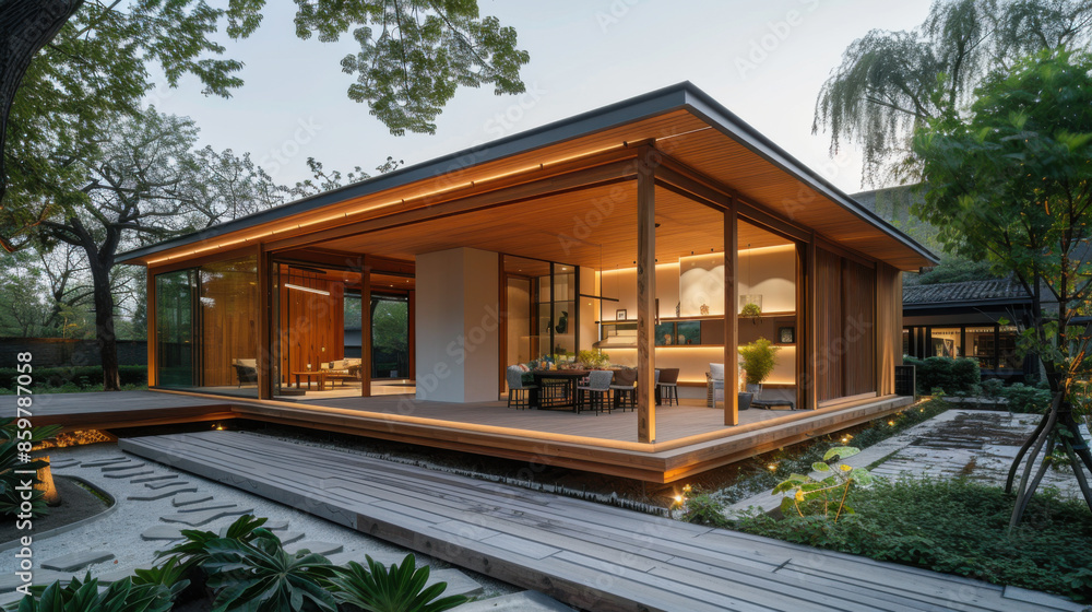 Contemporary wooden house with an open design, large glass windows, and a serene garden setting. Contemporary wooden house with an open design, large glass windows, and a serene garden setting.