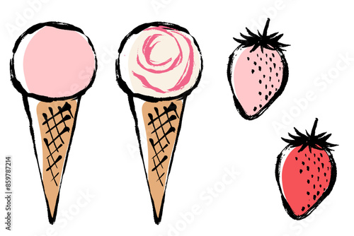 筆タッチのストロベリーフレーバーのアイスクリームのイラストセット