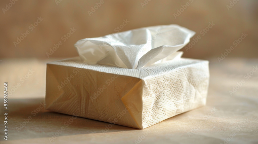 A simple box of tissues placed on a wooden surface, well-lit and minimalistic. A simple box of tissues placed on a wooden surface, well-lit and minimalistic.