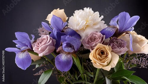 wintage flowers bouquet of peonies roses and iris on a black background studio shot photo