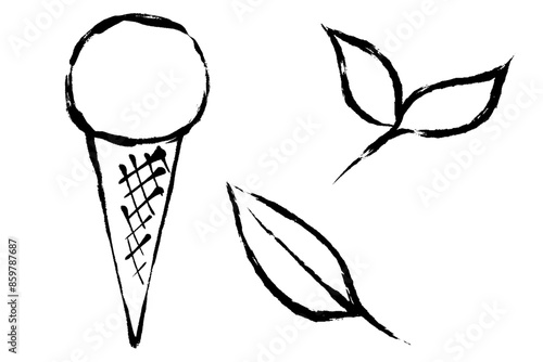 筆タッチの抹茶とほうじ茶フレーバーのアイスクリームのイラストセット