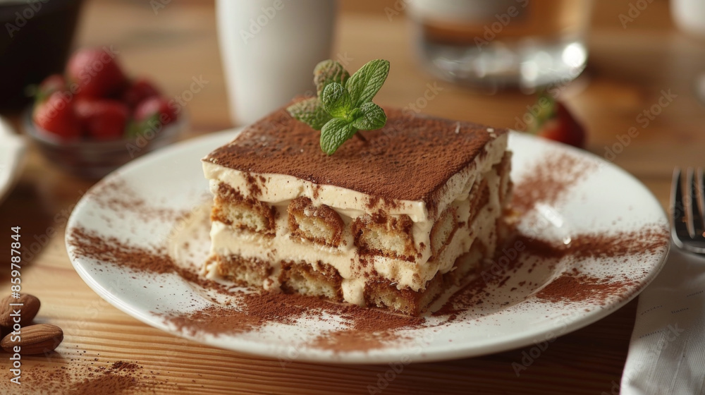 Close-up of a classic tiramisu dessert with creamy layers and cocoa powder, beautifully presented on a white plate. Close-up of a classic tiramisu dessert with creamy layers and cocoa powder, beautifully presented on a white plate.