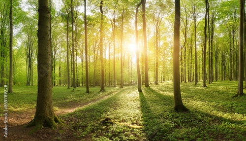 forest panorama with bright sun shining through the trees