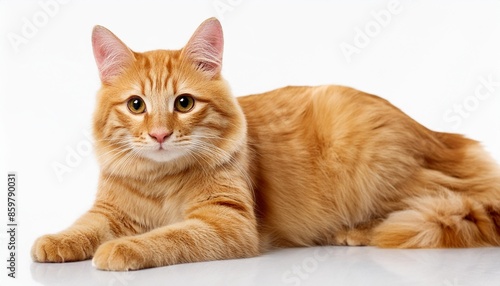 cute ginger cat lying on isolated white background