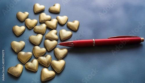 artistic arrangement of small golden hearts with a red pen on textured blue surface ideal for romantic themes valentine s day and creative projects