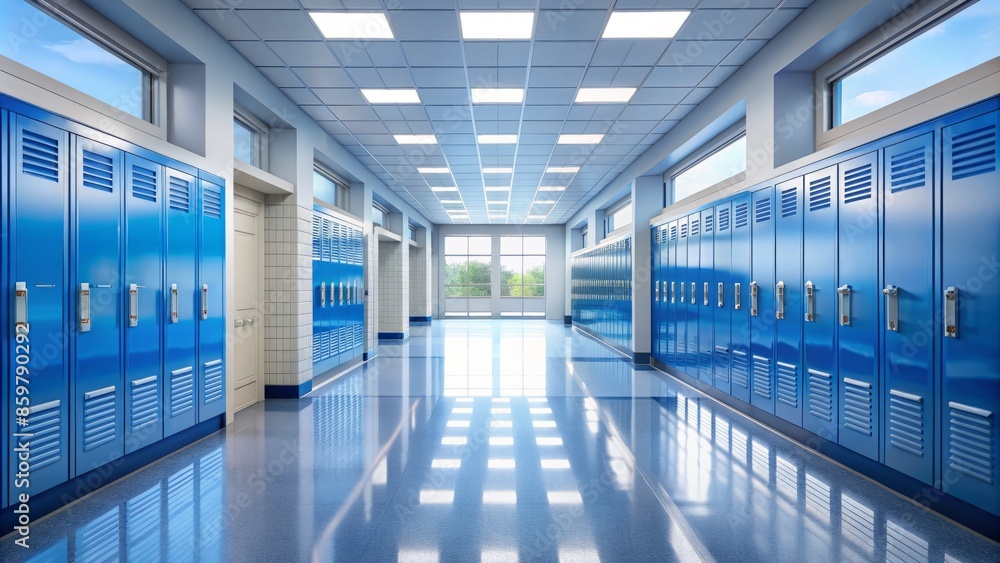 Empty high school hallway with bright blue lockers, clean white floors, and large windows, perfect for depicting a sense of youthful energy and academic atmosphere.,hd,8k. Empty high school hallway with bright blue lockers, clean white floors, and large windows, perfect for depicting a sense of youthful energy and academic atmosphere.,hd,8k.