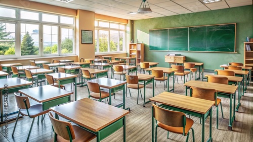 A cluttered classroom with empty chairs, desks, and a green chalkboard with math equations, awaiting the energetic presence of students.,hd,8k.