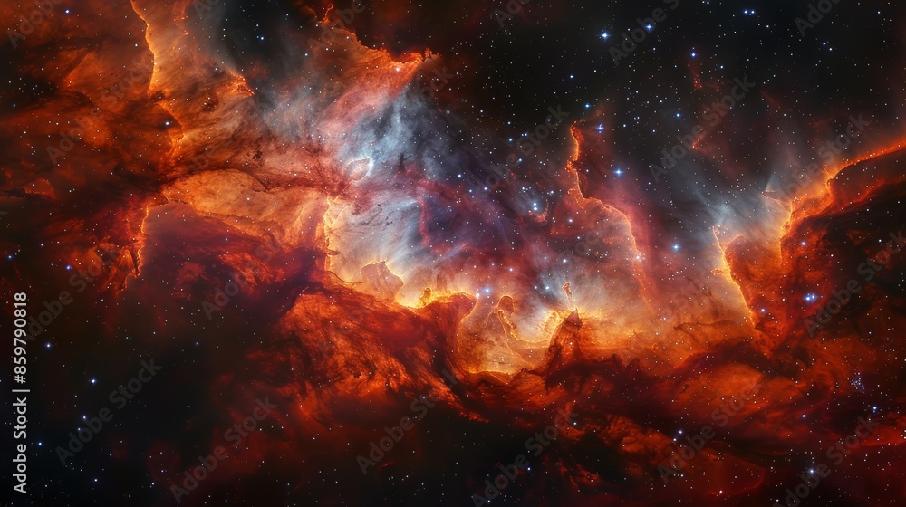 Vibrant stellar nursery with swirling red and orange clouds, new stars emerging, deep black background, panoramic shot, celestial wonder., Vibrant stellar nursery with swirling red and orange clouds, new stars emerging, deep black background, panoramic shot, celestial wonder.,