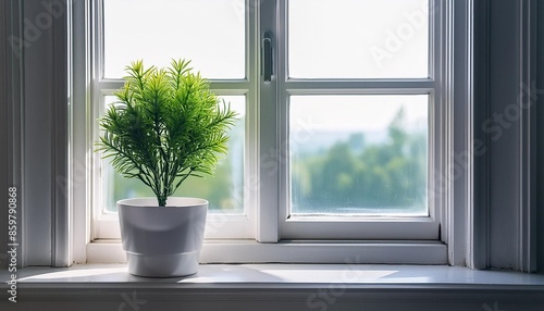 green plant on the windowsill artificial flower in a white pot on the windowsill © Simone