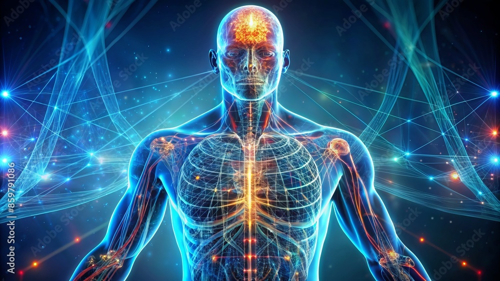 3D Illustration Of A Human Body Showing Nervous System And Brain Activity. 3D Illustration Of A Human Body Showing Nervous System And Brain Activity.
